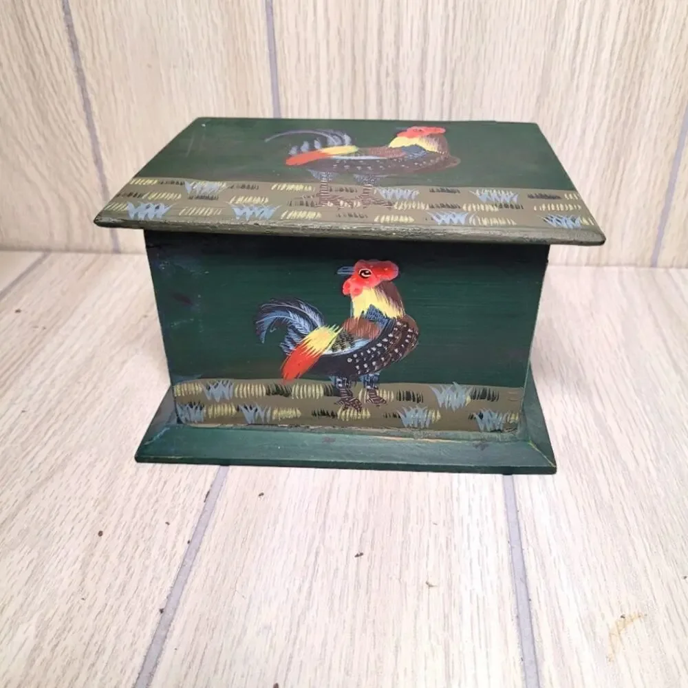 Vintage Han Painted Rooster Wood Recipe Box Bird Farmhouse Country Prairie